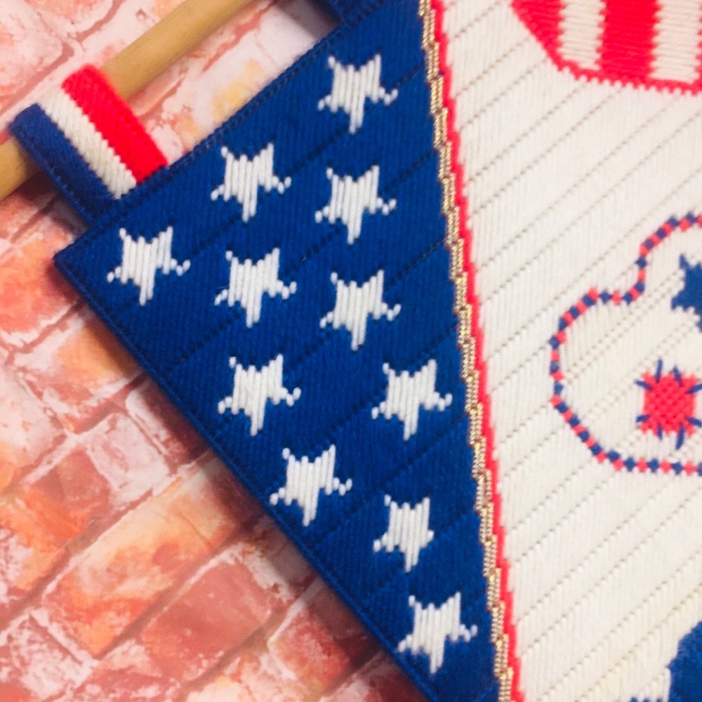 Vintage Handmade Patriotic Heart American Flag Needlepoint Wall Hanging - Picture 2 of 8